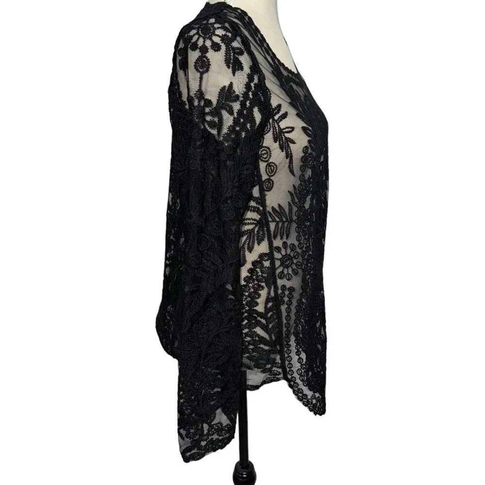 Simaier Solid Black Long Sleeve Sheer Round Neck Lace Floral Swim Coverup size M
